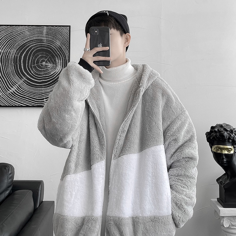Áo Khoác Hoodie Lông Cừu Phối Màu Phong Cách Hip Hop Đường Phố Thời Trang Thu Đông Dành Cho Nam