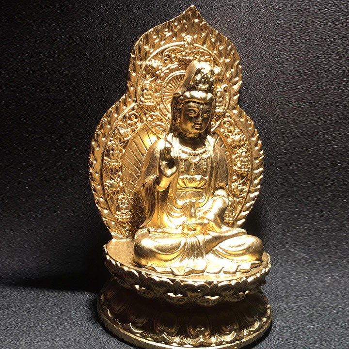 Tượng Phật Quan Âm cao 15 cm màu sơn đồng ngồi tòa sen có chữ Phật