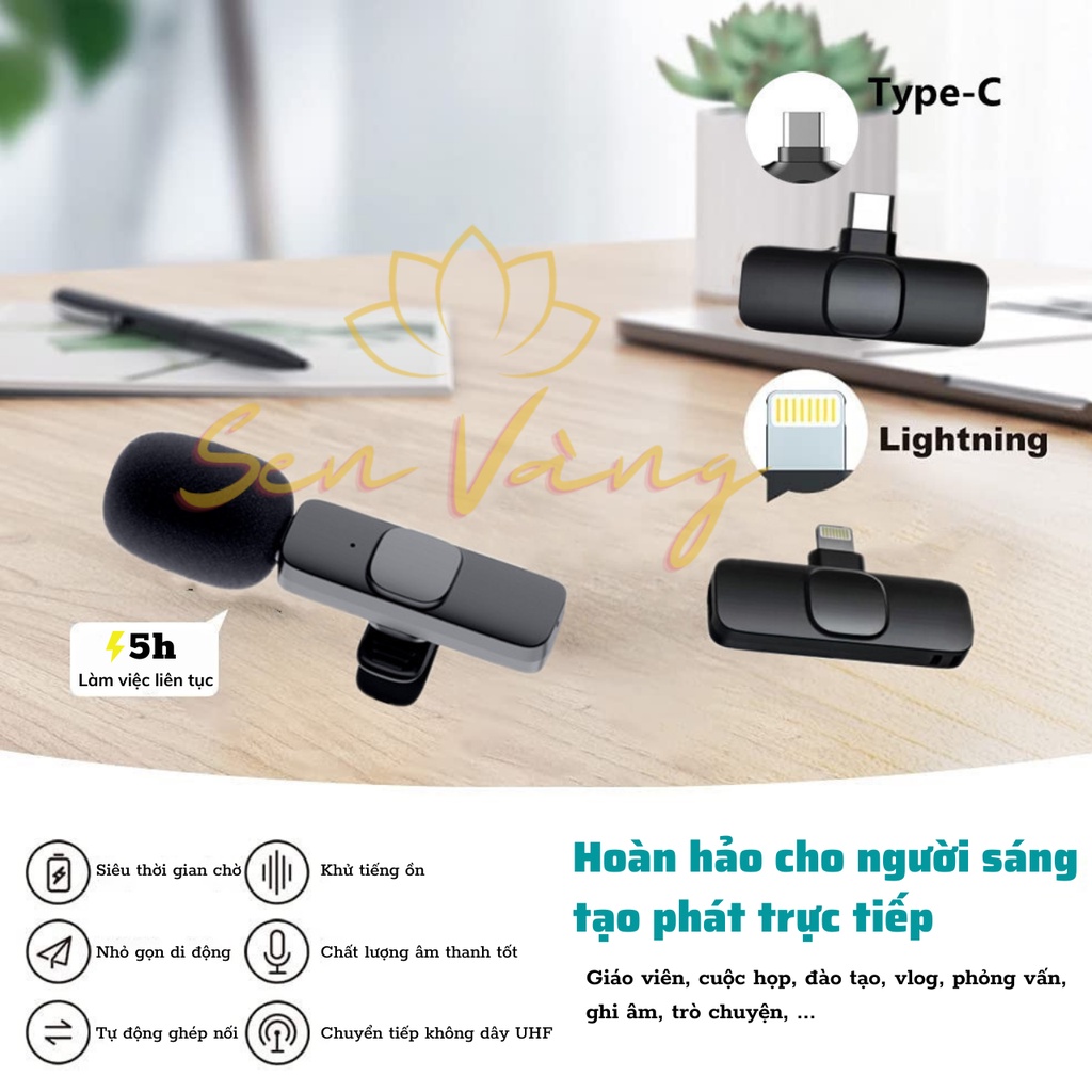 Micro cài áo không dây Micro thu âm không dây cho điện thoại di động/máy tính/laptop khử tiếng ồn phù hợp phát trực tiếp