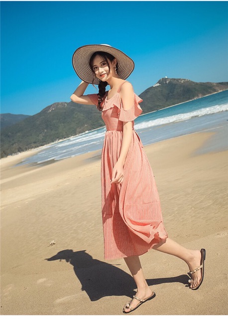 Váy Maxi Đi Biển Hở Vai Cam Form Bồng - Váy Đi Biển Trễ Vai (có ảnh thật) - Đầm Maxi Đi Biển Khoét Lưng | BigBuy360 - bigbuy360.vn