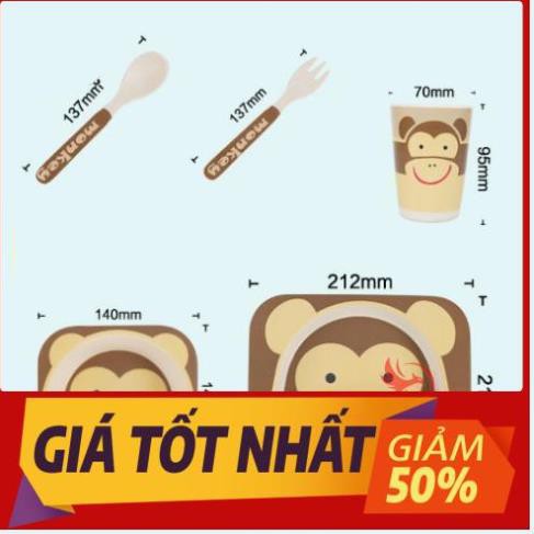 Bộ bát chén khay muỗng ăn dặm cho bé kiểu nhật 5 món đồ kèm thìa dĩa hình thú - bằng sợi tre an toàn FDA/EU