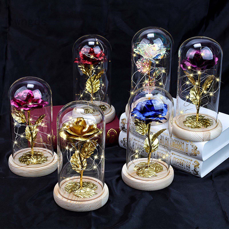 Louis Garden Beauty and The Beast Rose Kit, Colorful Gold Foil Rose and Led Light in Glass Dome on Black Wooden Base for Home Decor