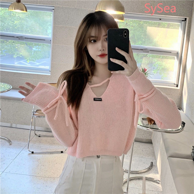 Áo Sweater Dệt Kim Tay Dài Cổ Chữ V Dáng Rộng Thoải Mái Cho Nữ