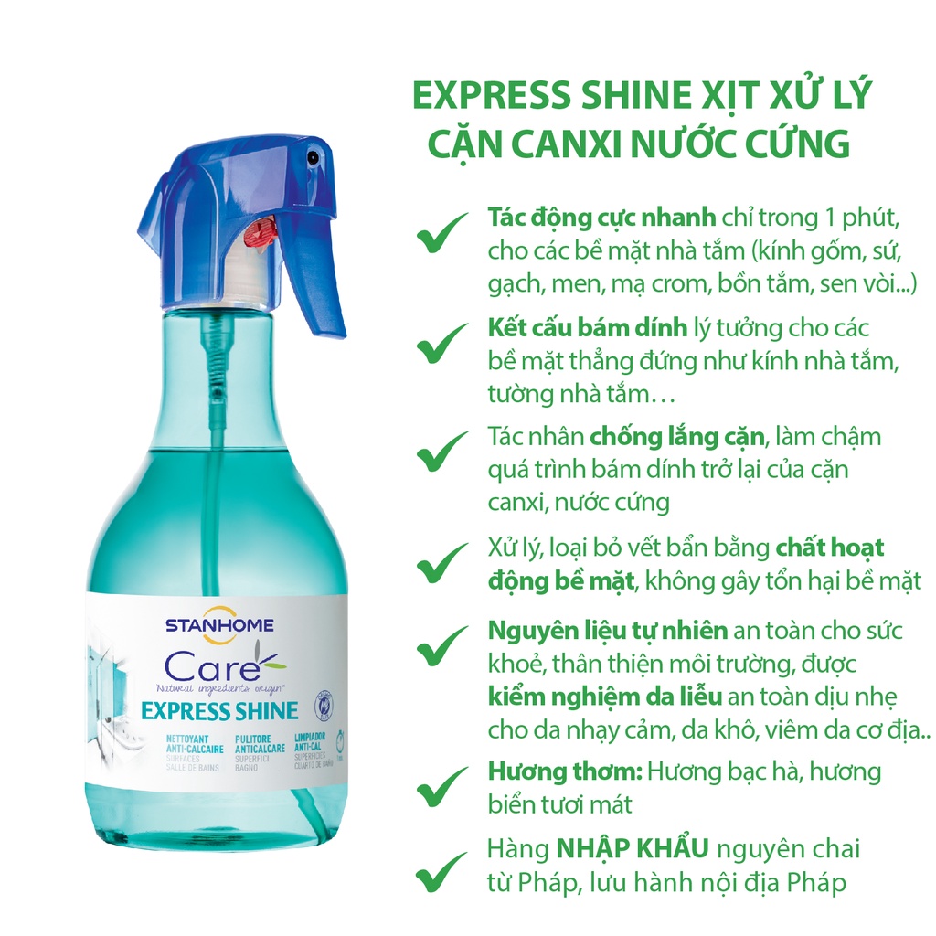 Xịt loại bỏ cặn bám, cặn canxi, nước cứng nhà tắm Stanhome Express Shine Care 500ml