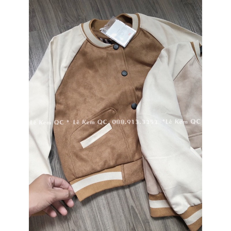 Áo khoác bomber da lộn lót dù loại 1 QC 2 màu Đen Nude