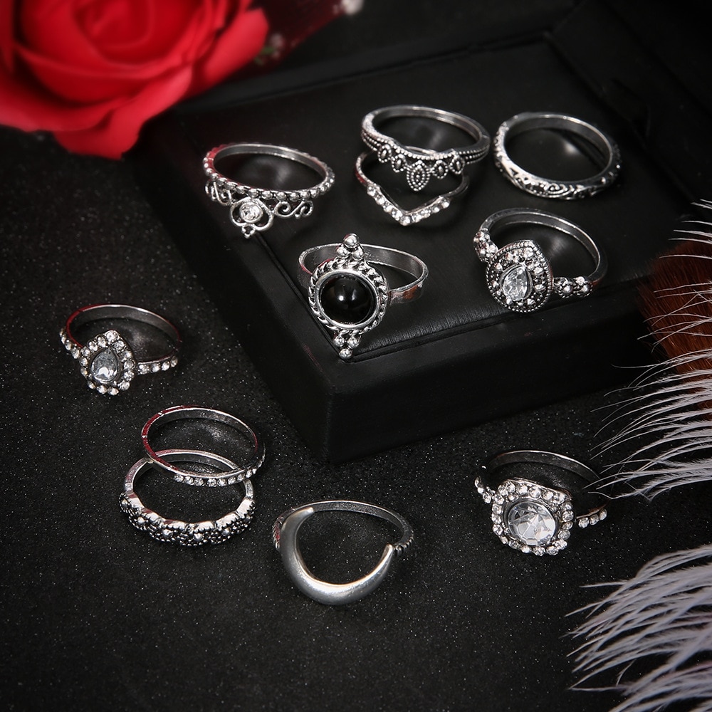 ✨Girlunderwear ✨Vintage Women crystal Finger Knuckle Rings Set For Girls Moon lotus Charm Bohemian Ring Fashion Jewelry Gift