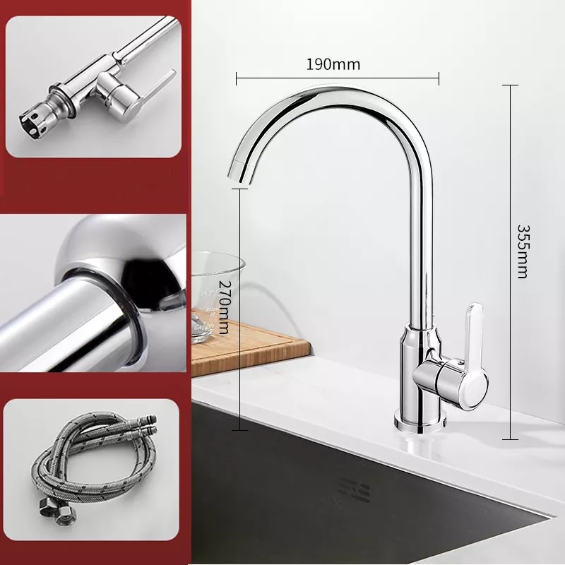 Vòi Rửa Chén Bát Nóng Lạnh Inox 304 Cổ Bi Thân Cứng Mạ Màu Bạc Với Cần Gạt Dẹt, Đầu Vòi Tạo Bọt, Chống Giọt Bắn Cao Cấp