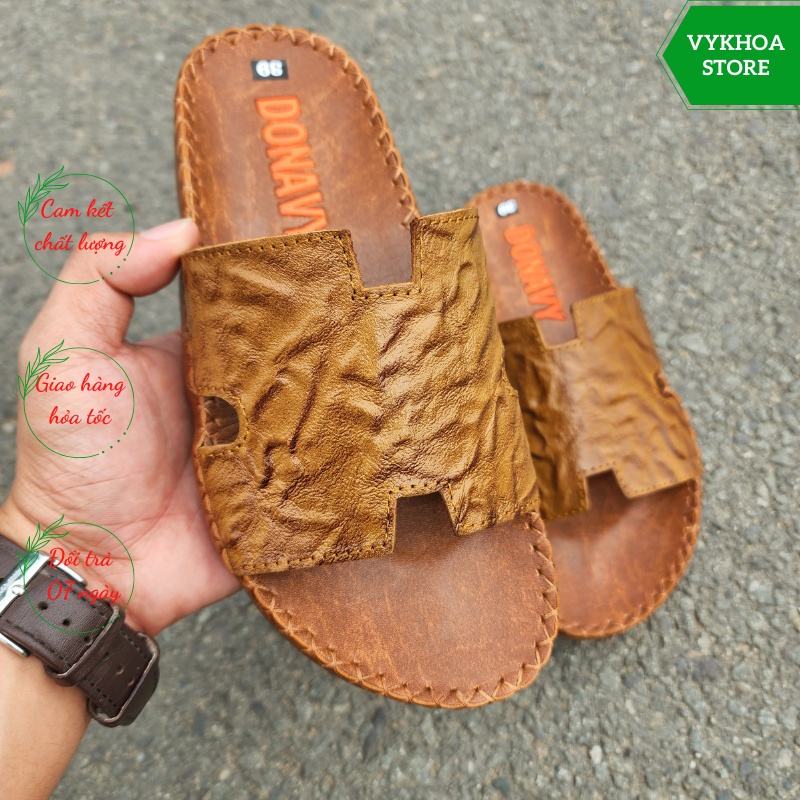 Dép Quai Ngang Nam Da Bò 100% Chữ H Đế May Chữ X Chắc Chắn