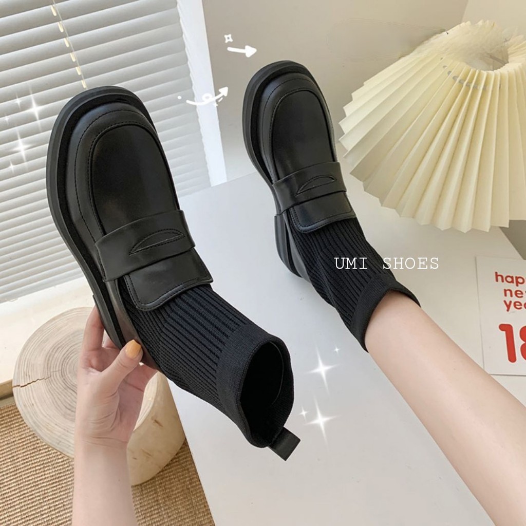 [VIDEO THẬT] Giày cao cổ ulzzang loaferr cá tính cổ chun đế bằng năng động màu đen hot trend mẫu mới xinh đẹp bền rẻ