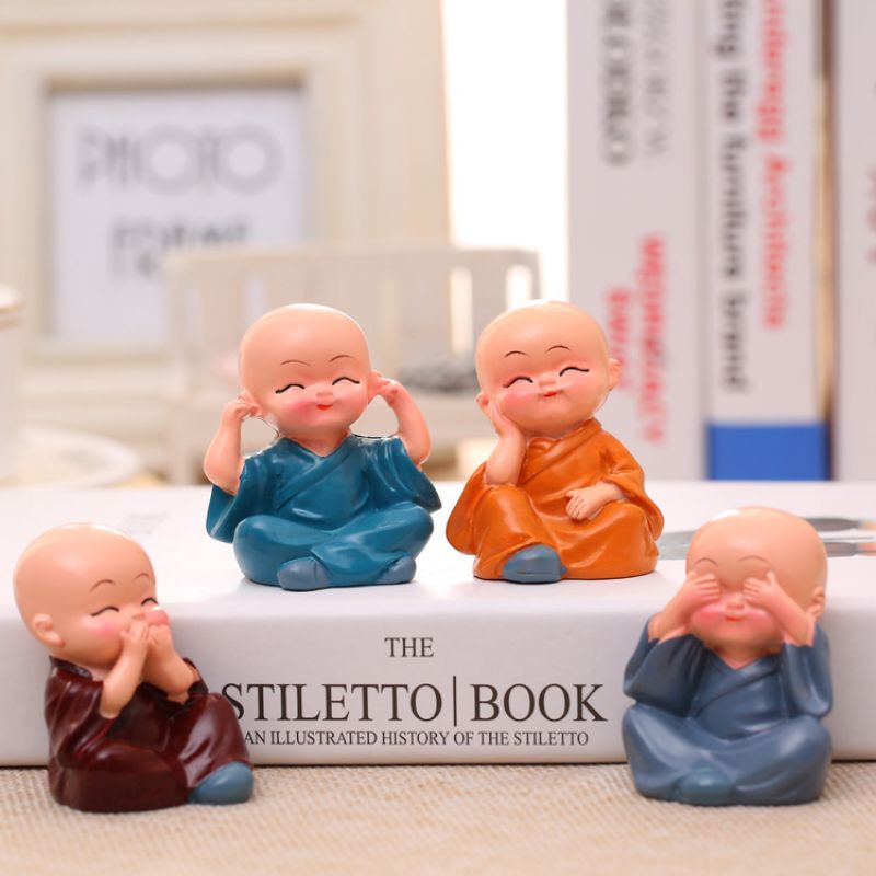 Bộ Tượng Chú Tiểu Hòa Thượng Tứ Không - Phật Phong Thủy Mini 4 Tư Thế, Trang Trí Xe Hơi, Để Bàn Làm Việc
