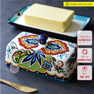 [SẴN - KO ORDER]  Hộp đựng bơ bằng sứ mỹ nghệ họa tiết vẽ tay - Khay Phục Vụ Đồ Đựng Bơ, Hộp Đựng Bơ Có Nắp Cho Bữa Sáng