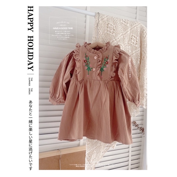 Váy thu dài tay vintage chất thô Hàn mềm cho bé 1-5 tuổi