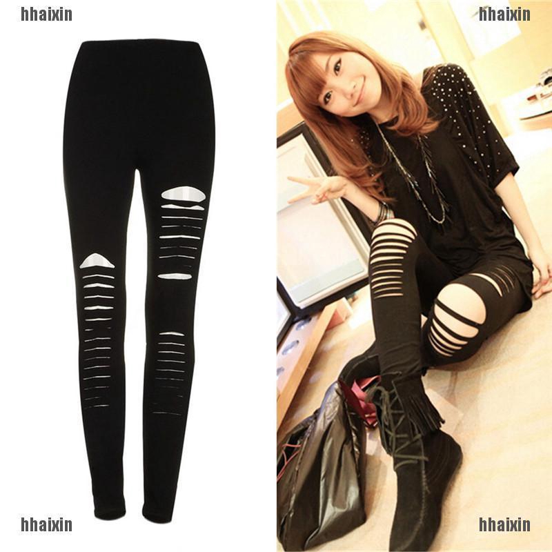 Quần legging phối rách màu đen thời trang quyến rũ cá tính cho nữ