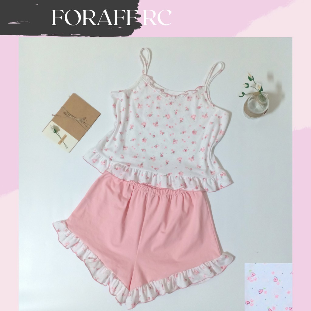 Đồ bộ ngủ nữ RCB04, hai dây, cổ tim phối bèo, thun cotton 2c 4c chiều dành cho người dưới 62kg | BigBuy360 - bigbuy360.vn