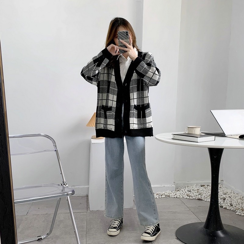 Áo Khoác Len Cardigan Hoạ Tiết Kẻ Ô Hàng Quảng Châu Cao Cấp