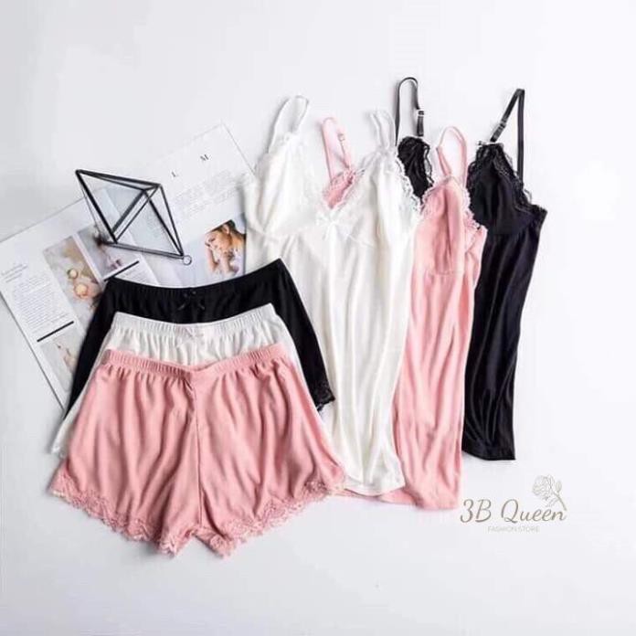 Đồ ngủ 2 dây viền ren, đầm ngủ nữ chất liệu Borip cao cấp, kèm quần đùi dễ thương. | BigBuy360 - bigbuy360.vn