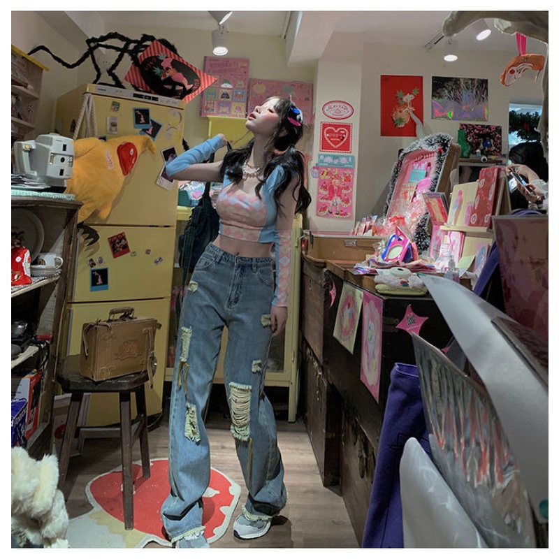 Quần Jean Ống Rộng Rách Gối Thời Trang Dành Cho Nữ