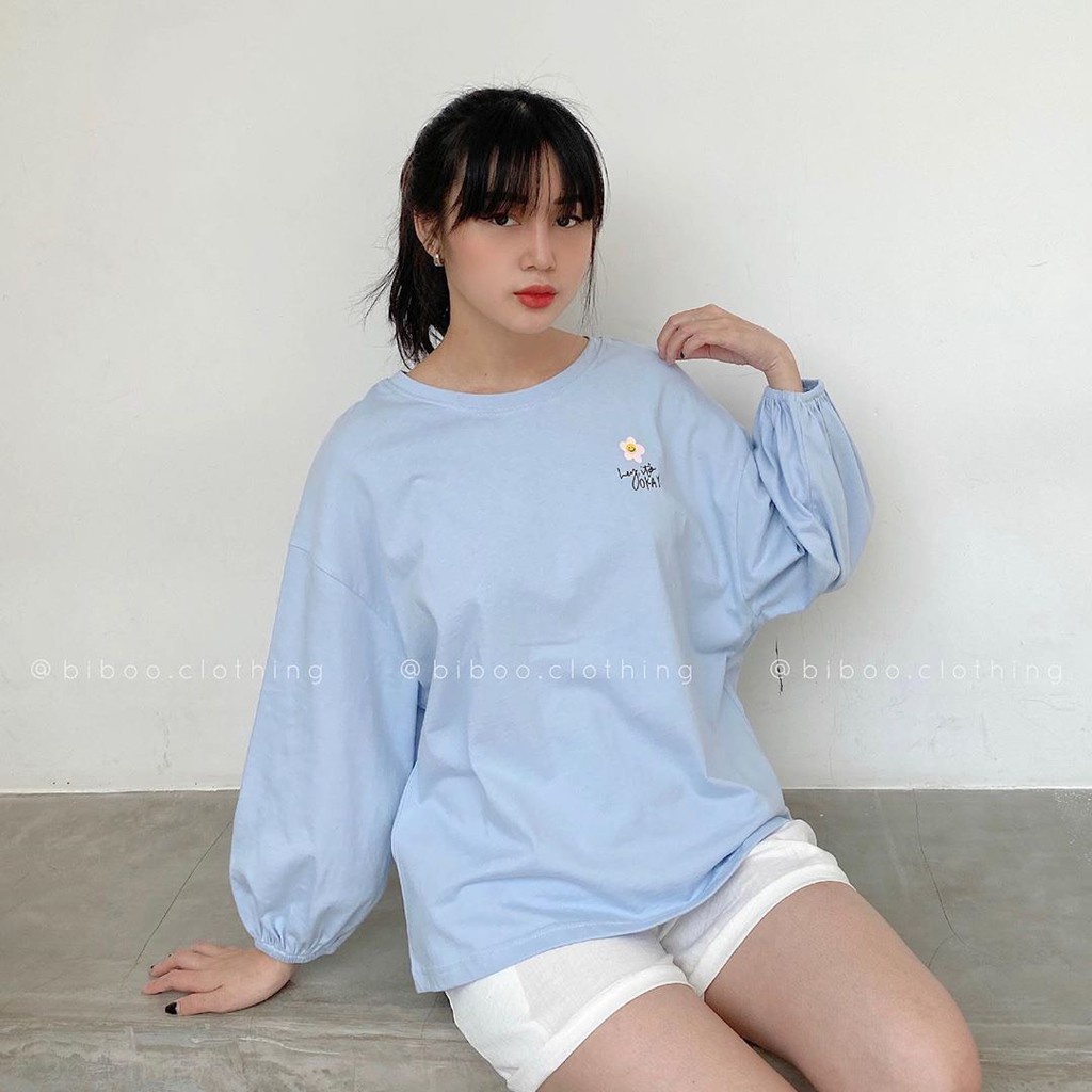 ÁO SWEATER TAY PHỒNG THÊU HOA CÚC MÀU XANH - ÁO THUN NỈ TAY CHUN THÊU HOA XANH ULZZANG