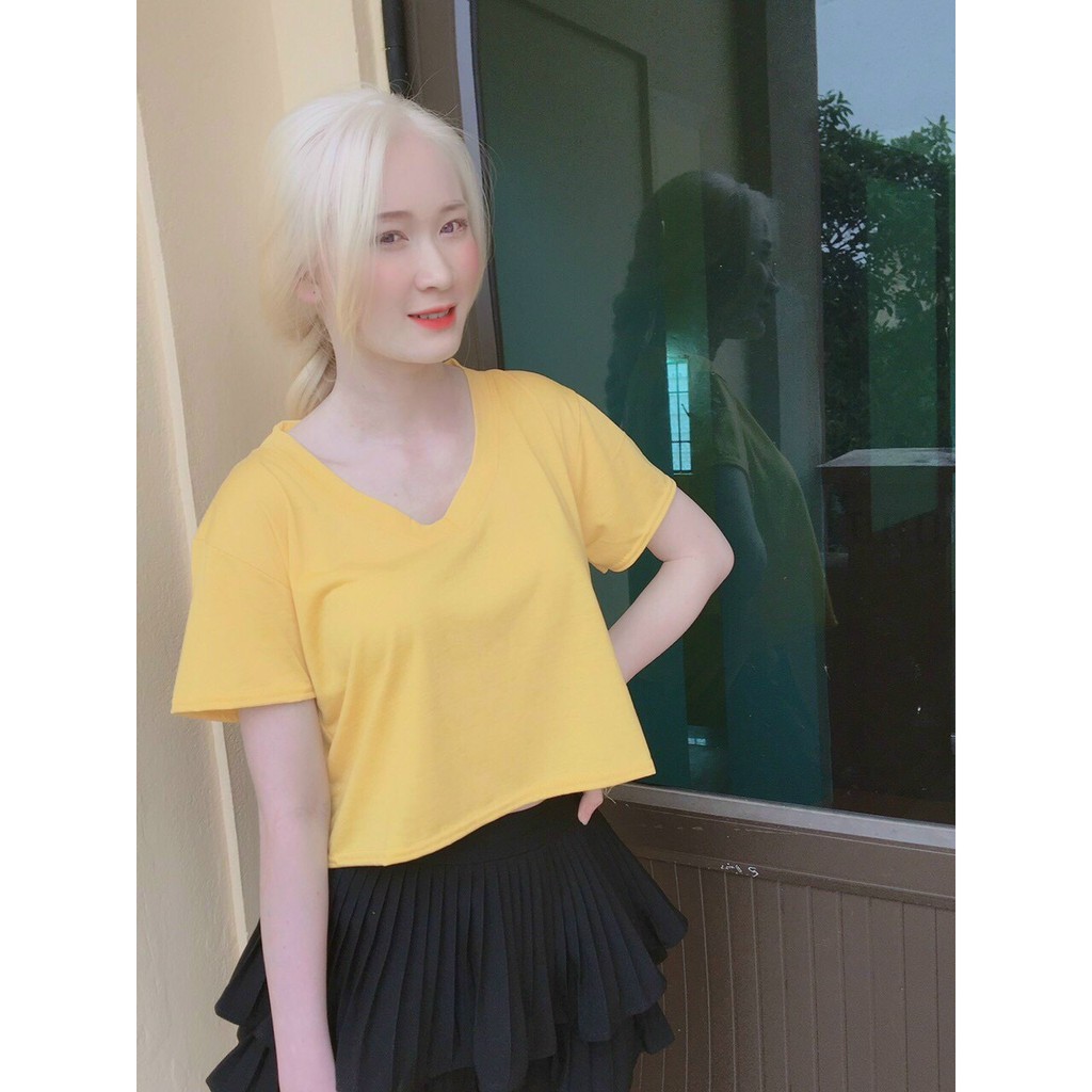 Áo Thun Croptop Cổ Tim 🌟 Áo Croptop Nữ Cổ V Tay Lỡ Form Rộng Chất Cotton Mịn Xịn | BigBuy360 - bigbuy360.vn