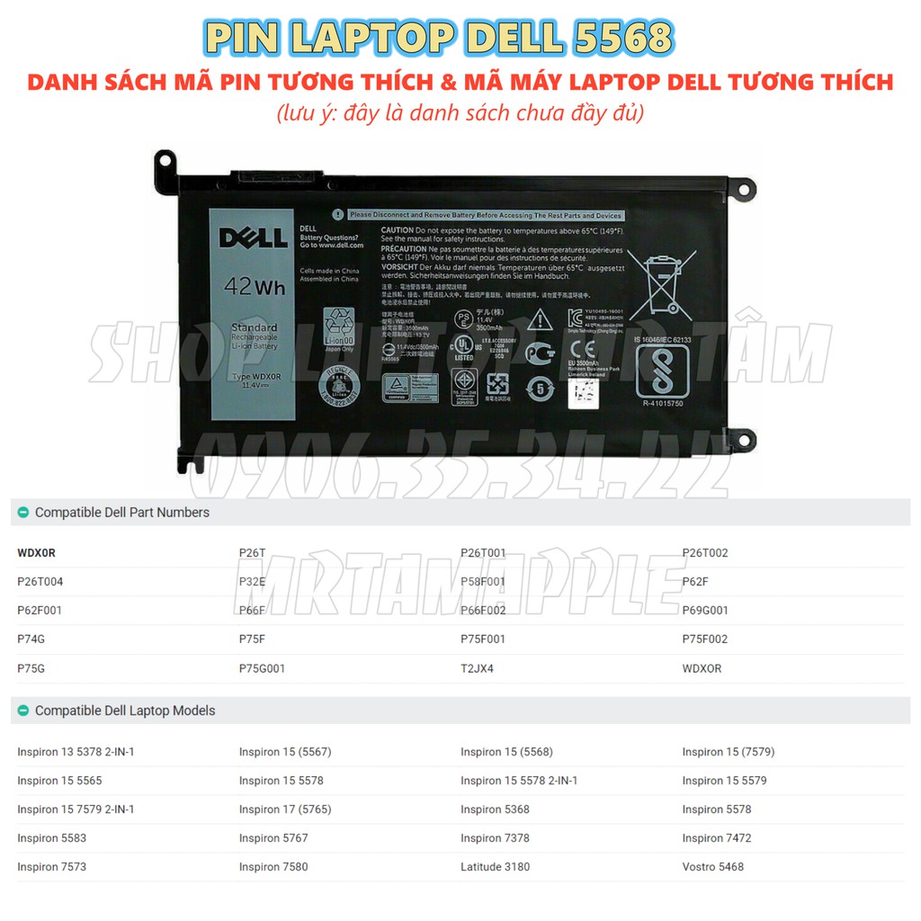 PIN LAPTOP DELL 5568  42Wh  - 3 CELL dành cho Inspiron Vostro 15 3580 3590 5367 5368 5378 5379 5565 5468