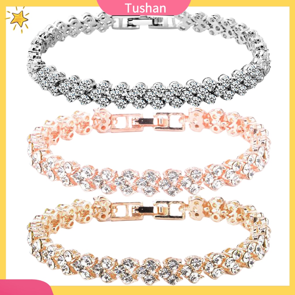 TUSH_Woman Cubic Zircon Rhinestone Inlaid Plated Bracelet Bangle Wrist Jewelry Gift