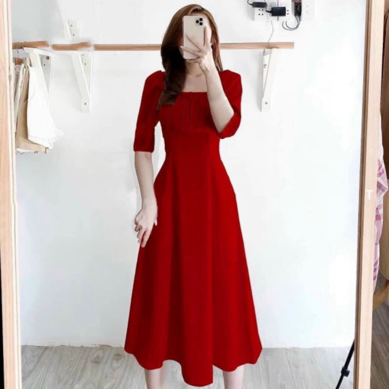 Đầm xòe tay lỡ xếp ly ngực Basic MS1212