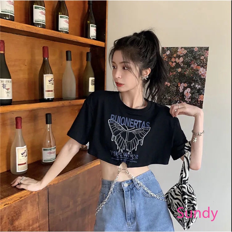 Áo Croptop Dáng Rộng Cổ Tròn Phối Dây Xích Thời Trang Mùa Hè Vintage Cho Nữ Có Size Lớn