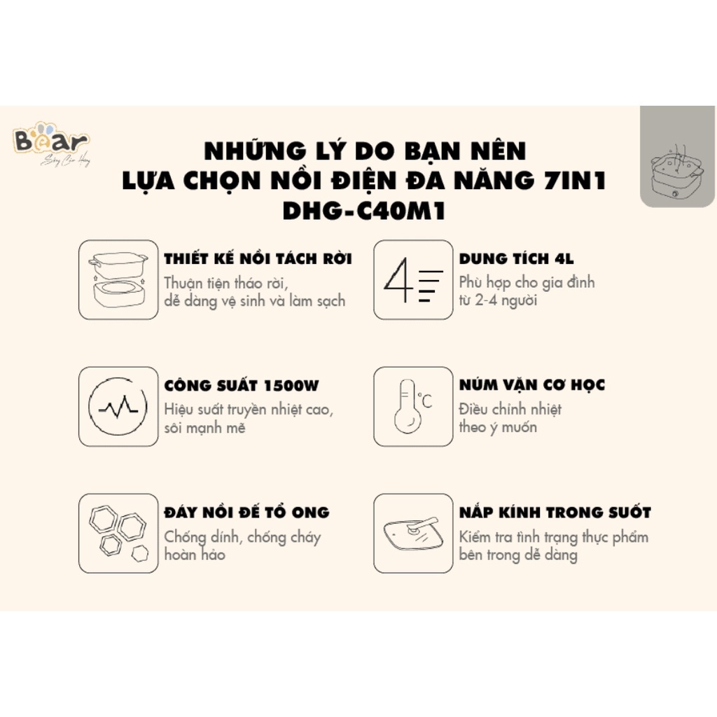 Nồi lẩu điện đa năng Bear 7in1 cao cấp, nấu lẩu thịt nướng DHG-C40M1