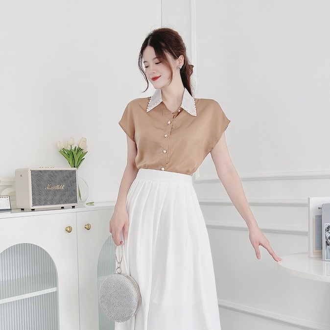 Áo sơ mi nữ lụa mềm mát cổ đức đính khuy công sở 3 màu ngắn tay A887 HILA