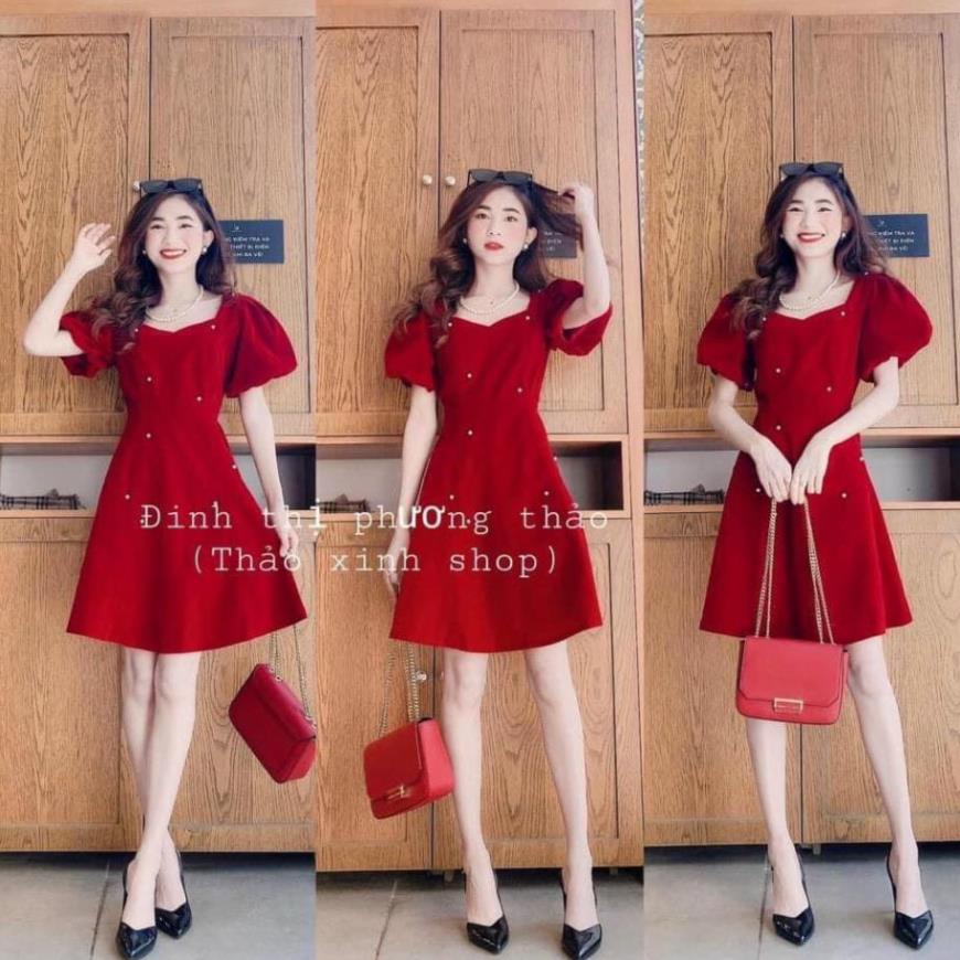 TSL-Video ảnh thật,Váy đầm xòe nữ tay phồng đính hạt,cổ vuông tay ngắn hoa tiết kết cườm tiểu thư màu đỏ mặc Tết du xuân