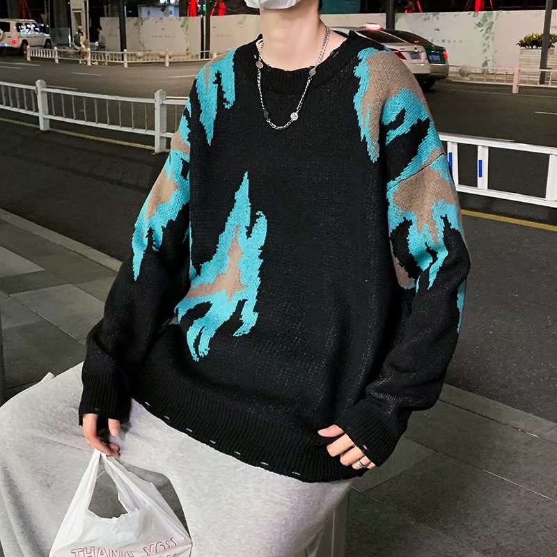 Áo Sweater Tay Dài Cổ Tròn Dáng Rộng In Hình Ngọn Lửa Thời Trang Cho Nam