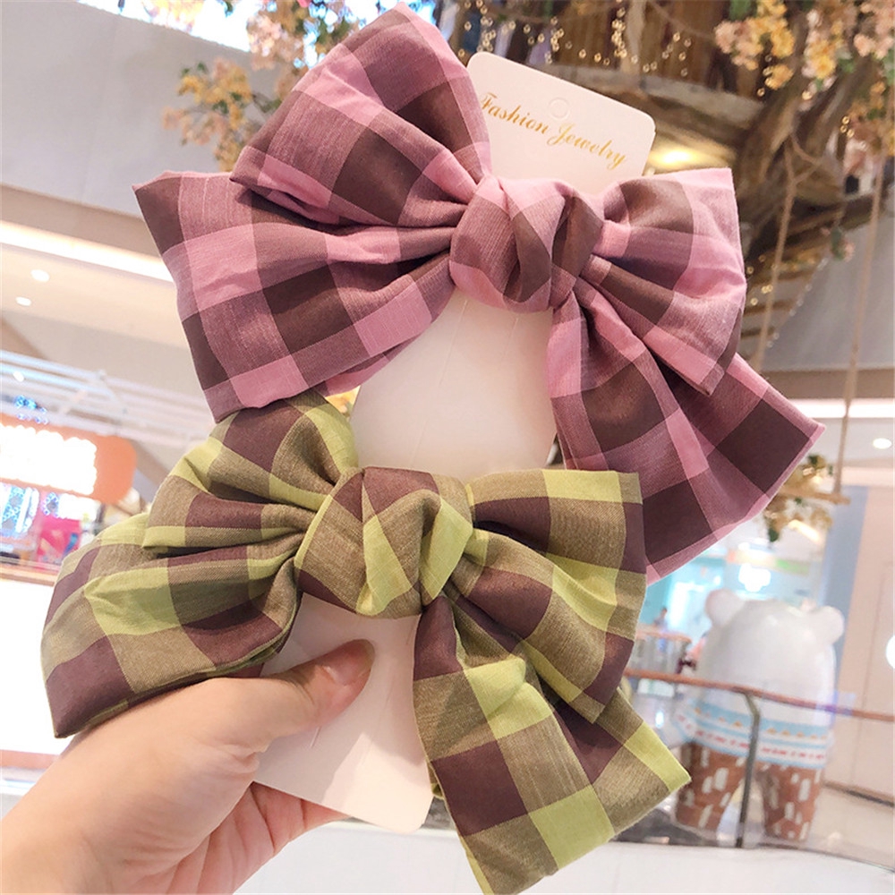 Kẹp Tóc Trang Trí Nơ Họa Tiết Sọc Caro Phong Cách Retro Xinh Xắn Cho Nữ