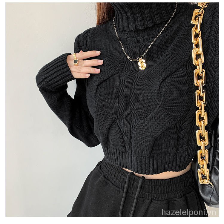 Áo len croptop tay dài cổ cao dáng rộng thời trang mùa thu mới cho nữ