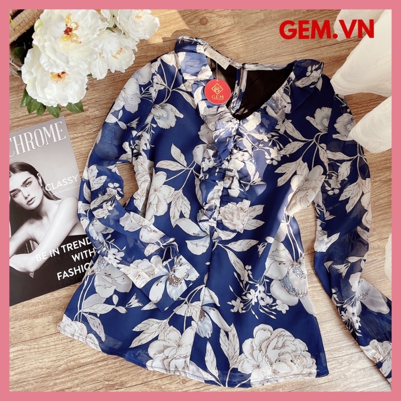 [XƯỞNG SẢN XUẤT] Áo kiểu hoa vintage G171 CÓ BIGSIZE xanh coban chất chiffon, dễ kết hợp với chân váy và quần thời trang