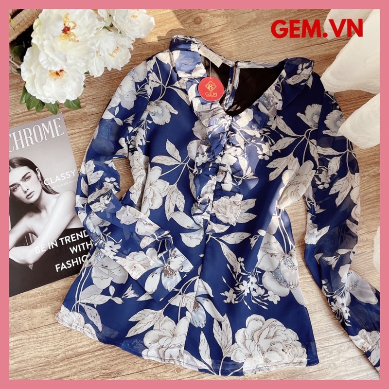 Áo kiểu hoa vintage G171 CÓ BIGSIZE xanh coban chất chiffon, dễ kết hợp với chân váy và quần thời trang