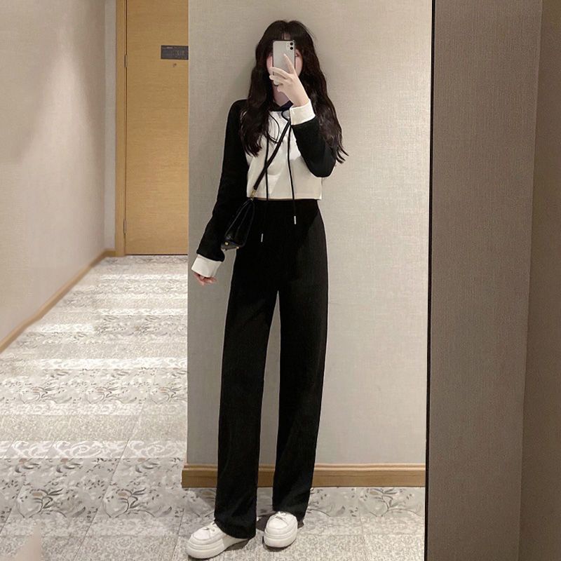 Early autumn suit girl student foreign style small hooded hoodie high waist wide leg pants leisure temperament two sets of tide
