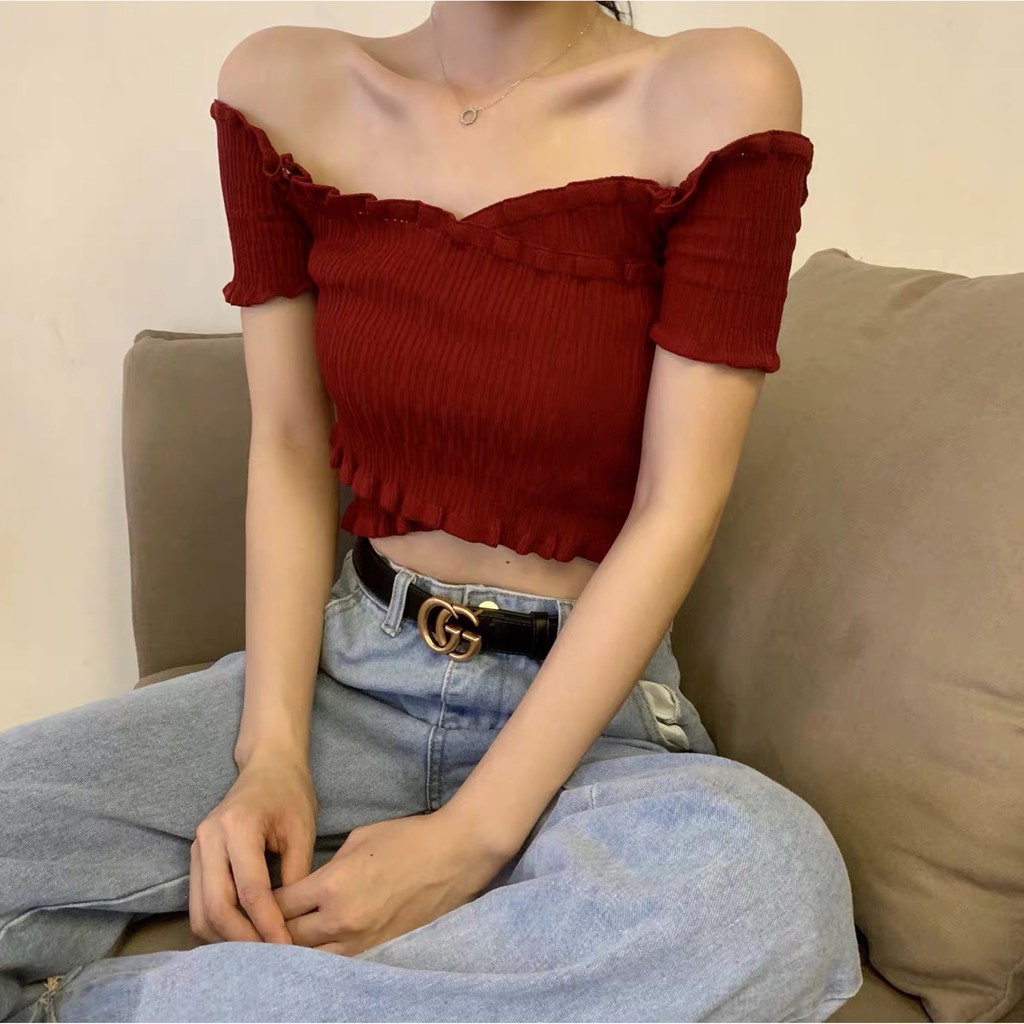 rose blackpink Áo croptop trễ vai thiết kế ngực đắp chéo co giãn phong cách thời trang cho nữ | BigBuy360 - bigbuy360.vn