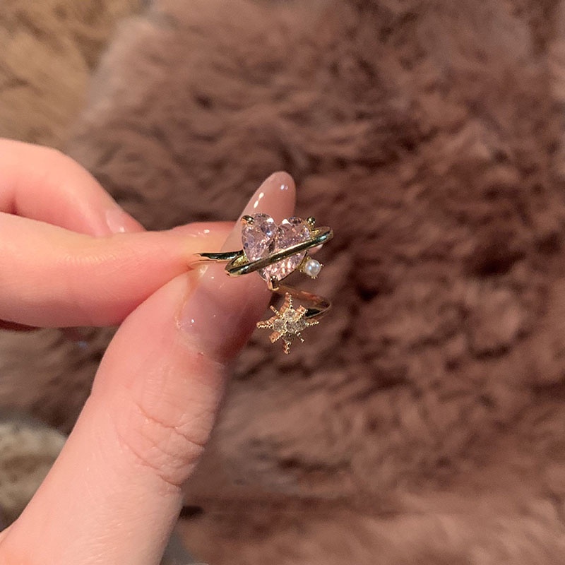 Nhẫn Hở Hình Trái Tim Đính Ngọc Trai Màu Hồng Phong Cách Hàn Quốc