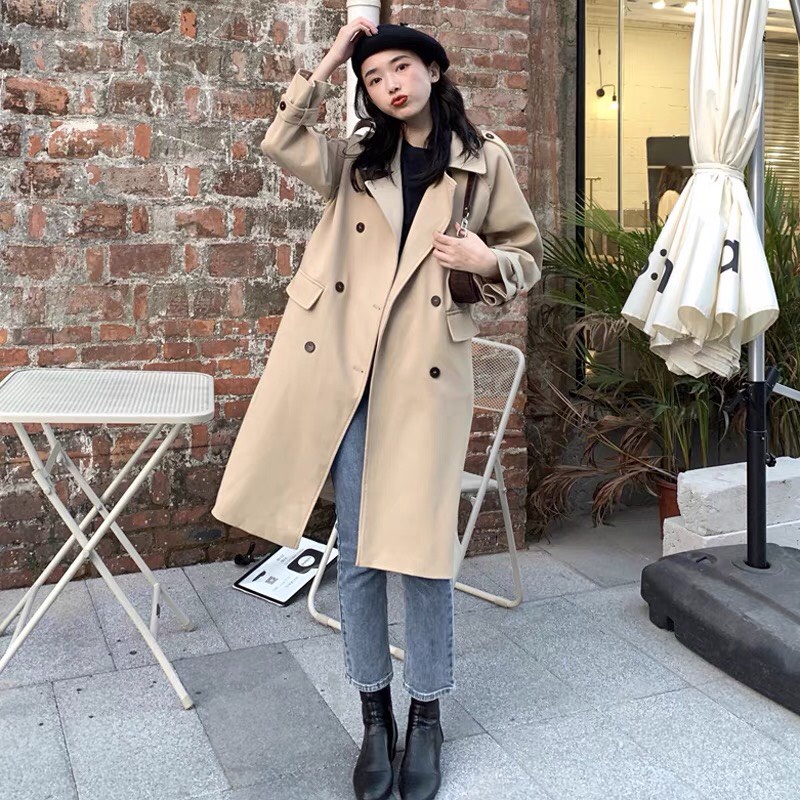 [ORDER TAOBAO]  Áo Trench Coat Dáng Size XXS XS Vừa Hai Màu Đen Be Có Dây Ở Cổ Tay
