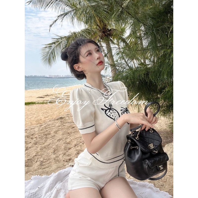Enjoy Freedom Áo Dệt Kim Tay Phồng Dáng Rộng Thời Trang 2022 Cho Nữ áo croptop