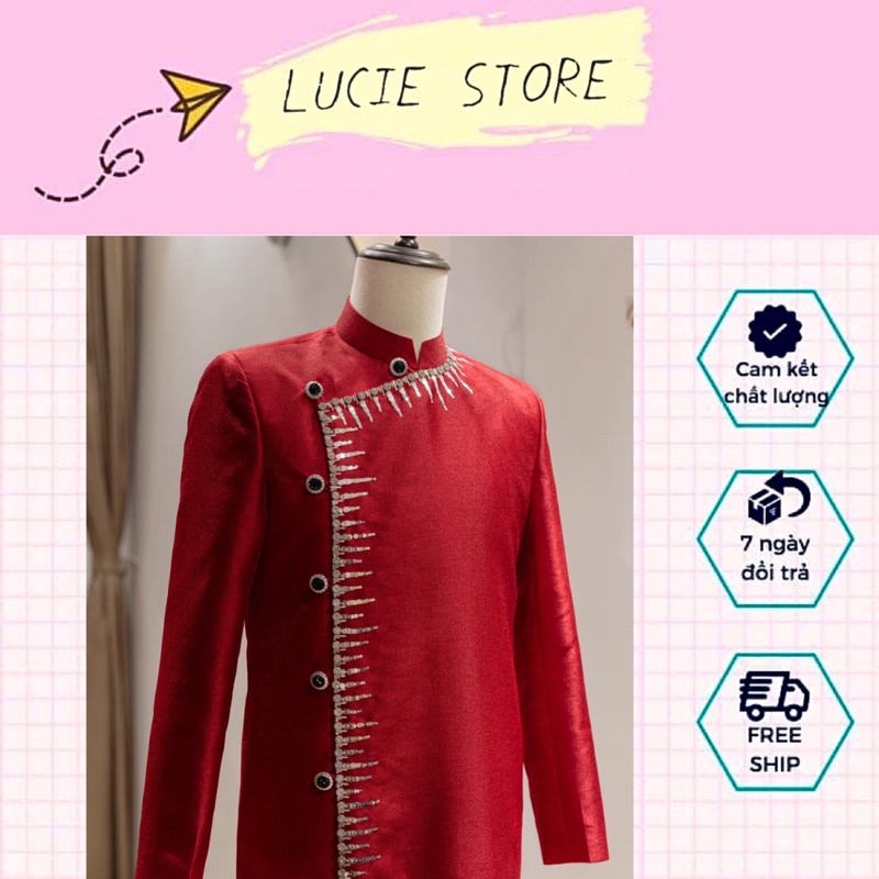 Áo Dài Cặp Dâu Rể, màu đỏ đính kết đá sáng lấp lánh.