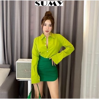 Áo sơ mi nữ cổ nơ chất thô mát màu xanh cao cấp mềm mịn form rộng siêu mát thời trang thiết kế nữ SUMY STORE