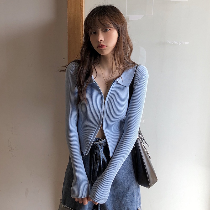 Áo Croptop Dệt Kim Tay Dài Cổ Chữ V Màu Sắc Đơn Giản Phối Khóa Kéo Phong Cách Retro