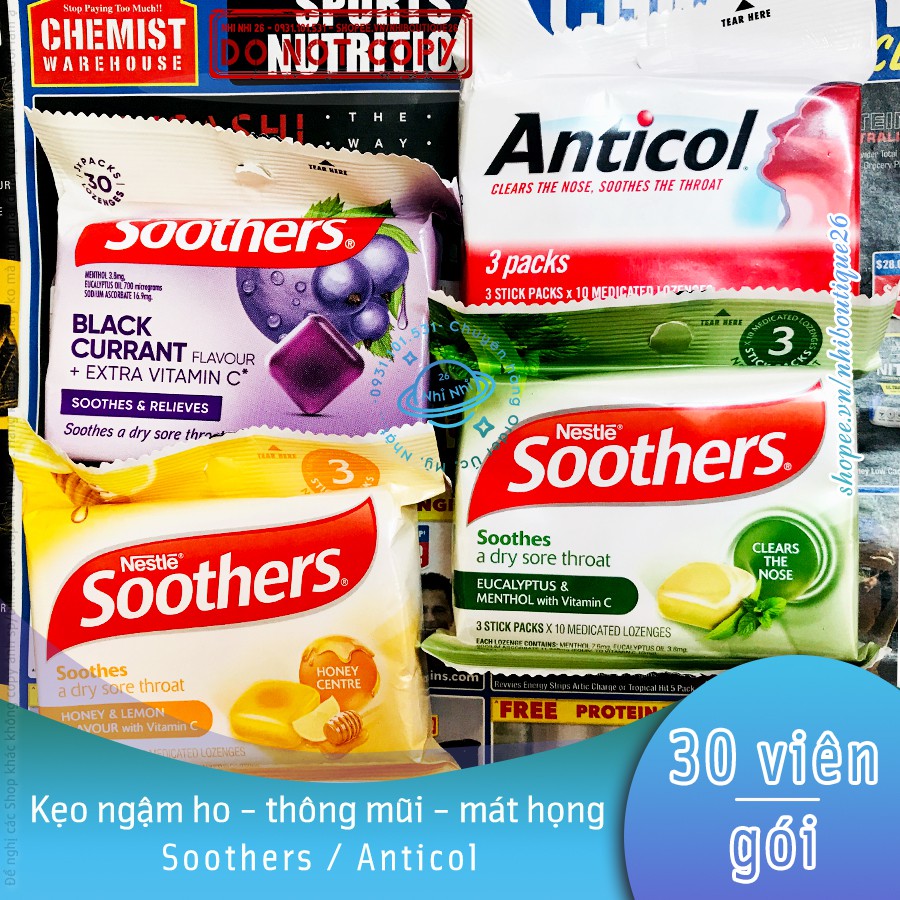 🍇 NESTLE ÚC🍇 Kẹo ngậm ho - đau họng - rát họng Anticol / Soothers 🍇 30 viên 🍉 CÓ BILL 🍉