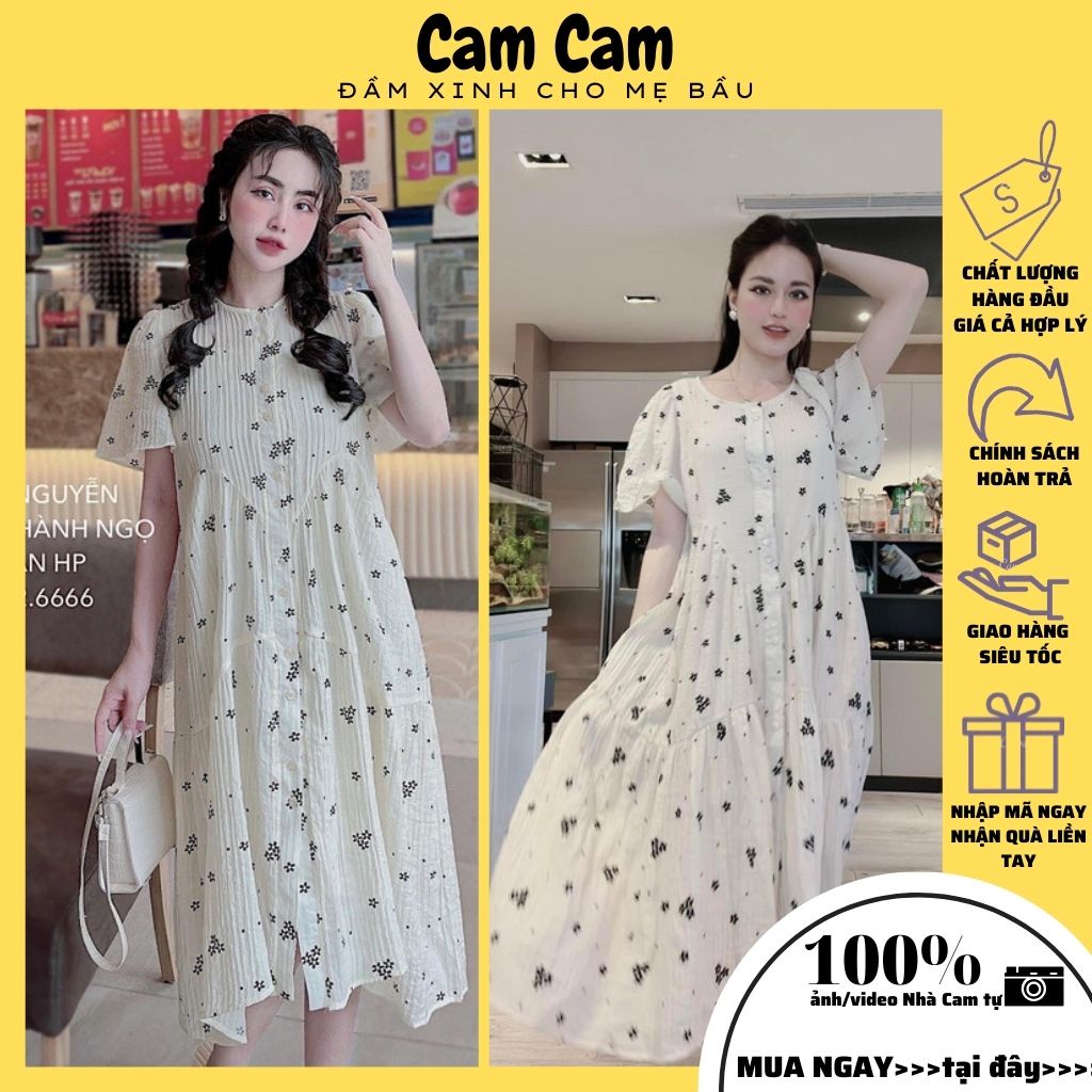 Váy bầu xinh chất liệu lụa mát, 2 lớp trắng hoạt tiết đen, 2 mẫu cực xinh