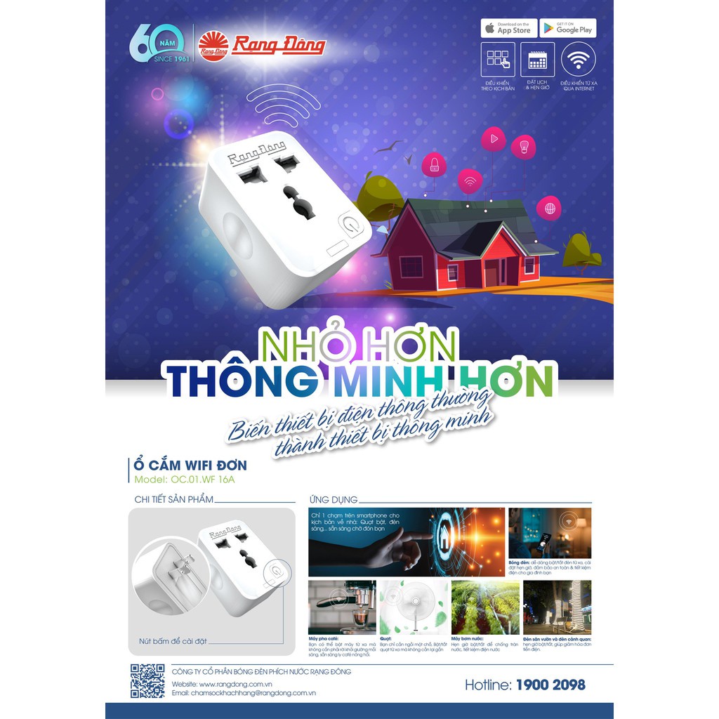 Ổ cắm đơn THÔNG MINH tích hợp WIFI Rạng Đông (Model: OC.01.WF 16A)