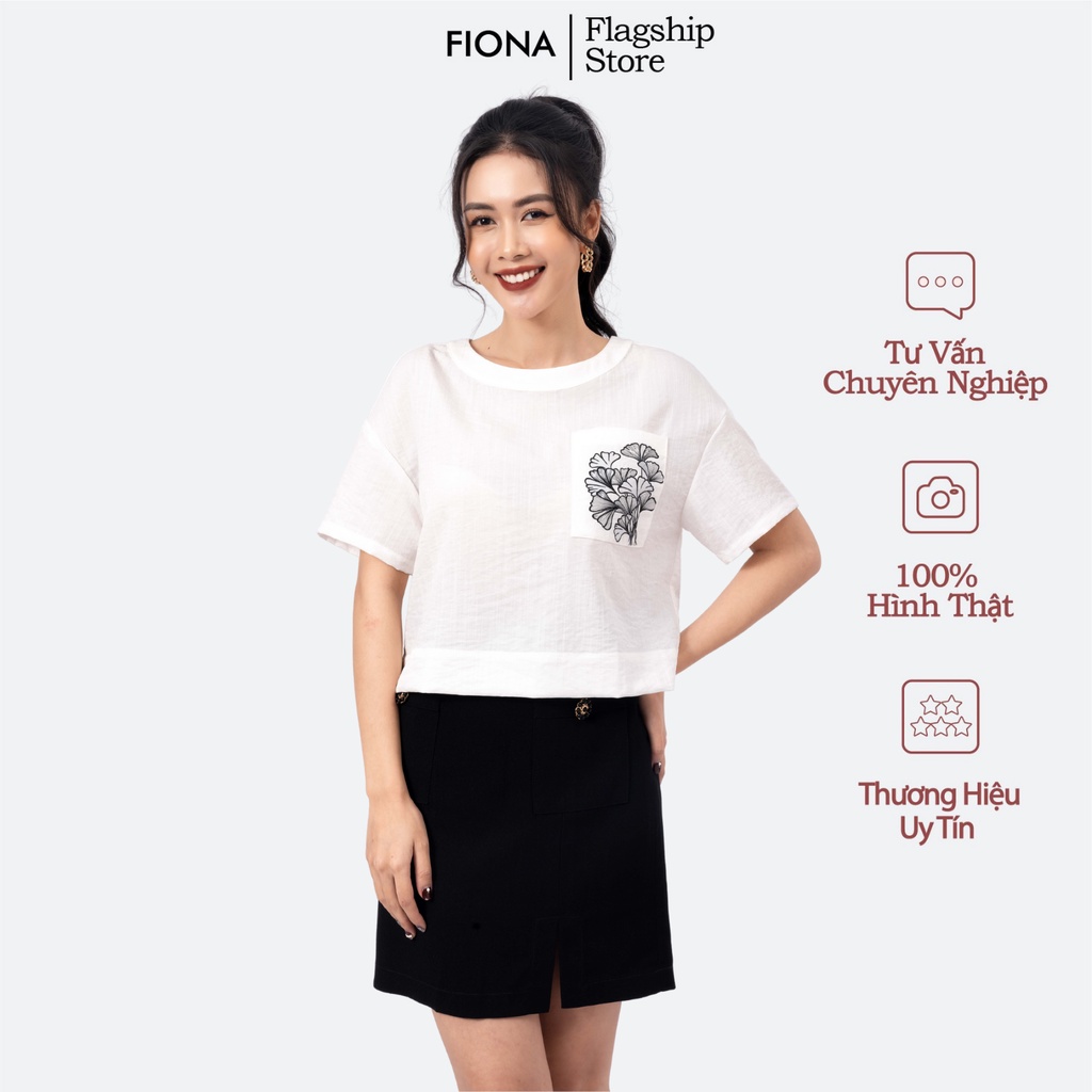 Áo sơ mi nữ FIONA croptop sơ mi nữ công sở thiết kế cao cấp cổ tròn túi thêu họa tiết trẻ trung F551156