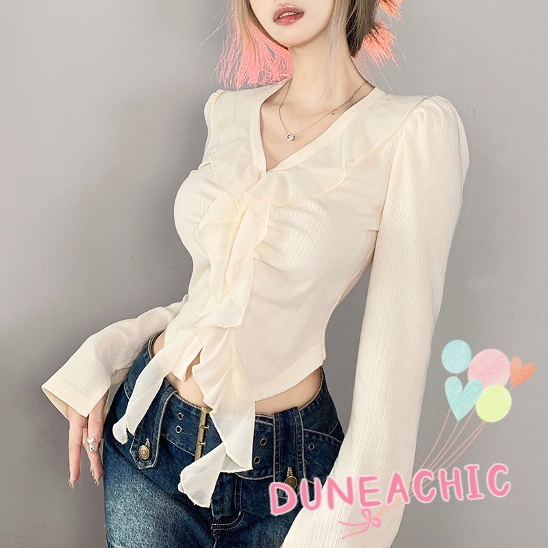 DUNEA Áo Croptop Tay Dài Phối Bèo Thời Trang Quyến Rũ Cho Nữ