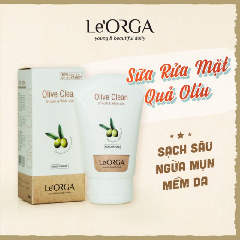 Sữa Rửa Mặt Le'Orga Quả Oliu - Gel làm Sạch Sâu Mềm Mịn, Cho Da Dầu, Mụn, Khô, Hỗn Hợp 120ml