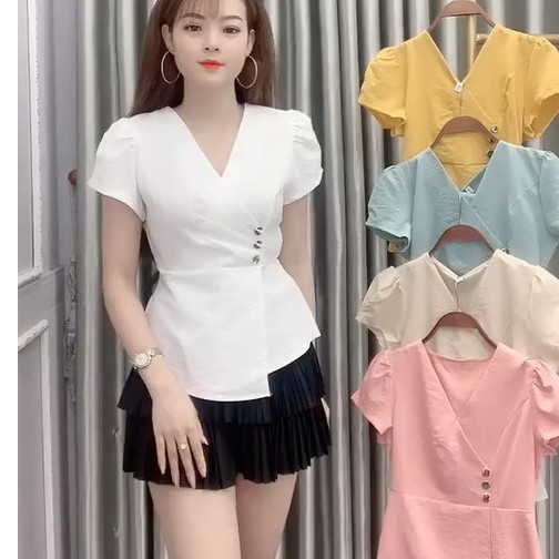 Áo Kiểu Nữ Dáng Công Sở, Ngắn Tay, Chất Đũi Xước Mát Đẹp, Lưng có bo chun  (Ảnh Shop Chụp) #A9